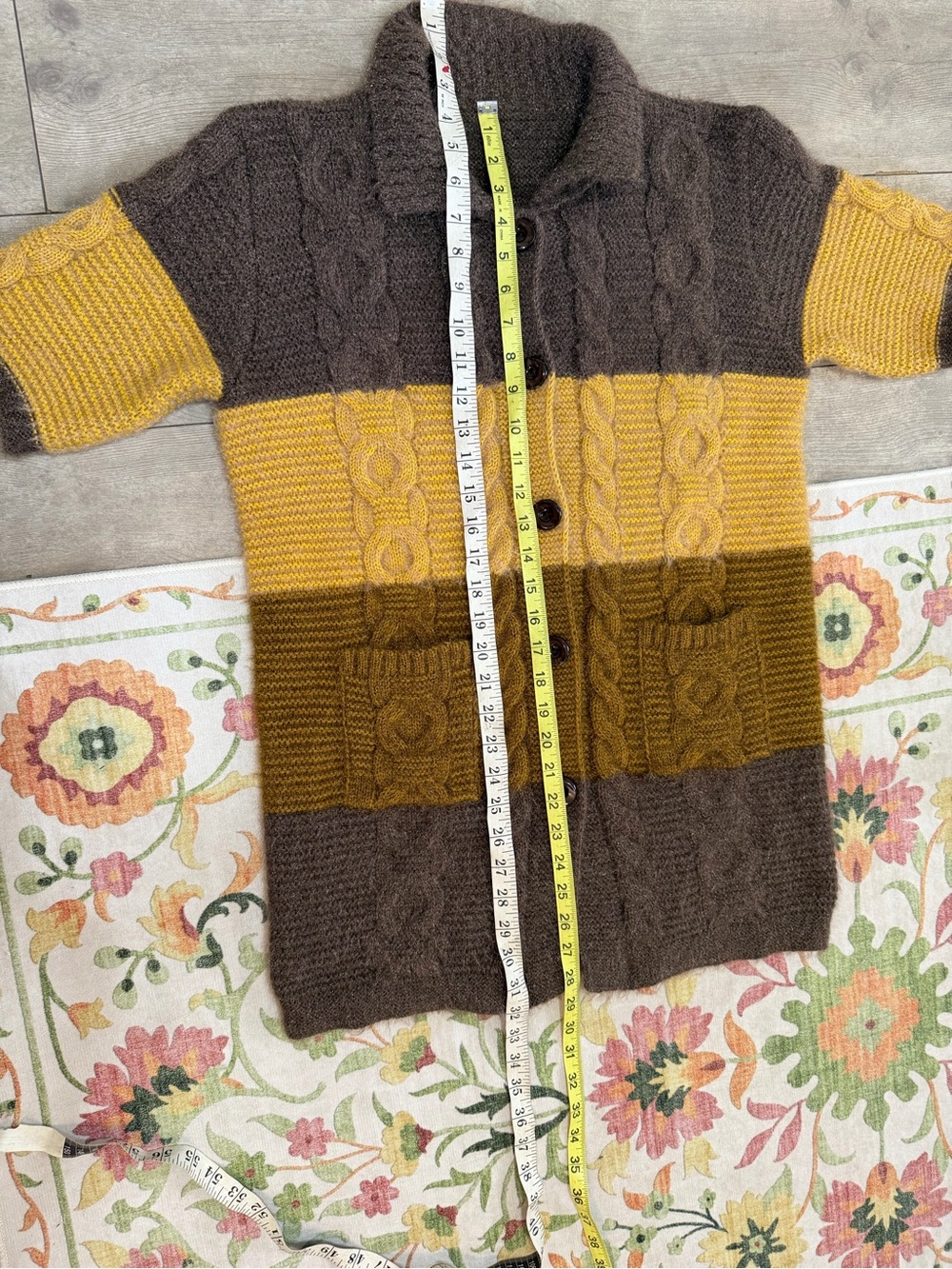 VTG Colorblock Cable Knit Short Sleeve Cardigan Brown Mustard Cottagecore Large - Picture 9 of 16